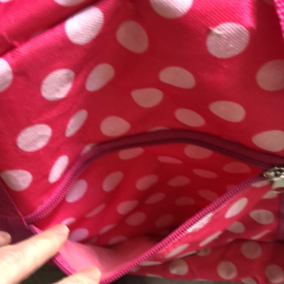 Pink and white polka dot “B” duffle bag with strap and front zipper small pocket - Picture 14 of 16